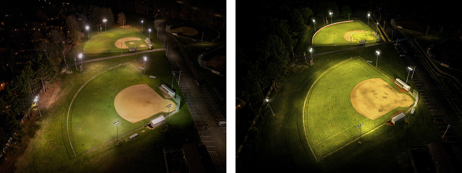 Before and after of ESPL LED Sports Lighters at Dover Ohio ballfields from overhead drone angled